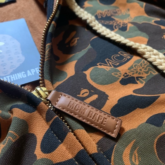 bape x mcm camo zip hoodie brown